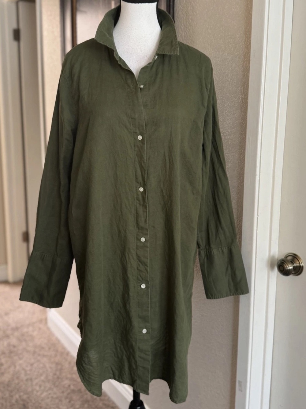 J.Crew Beachwear Shirt Dress Olive Green Linen Cotton Button Down Large Coastal - Picture 3 of 10